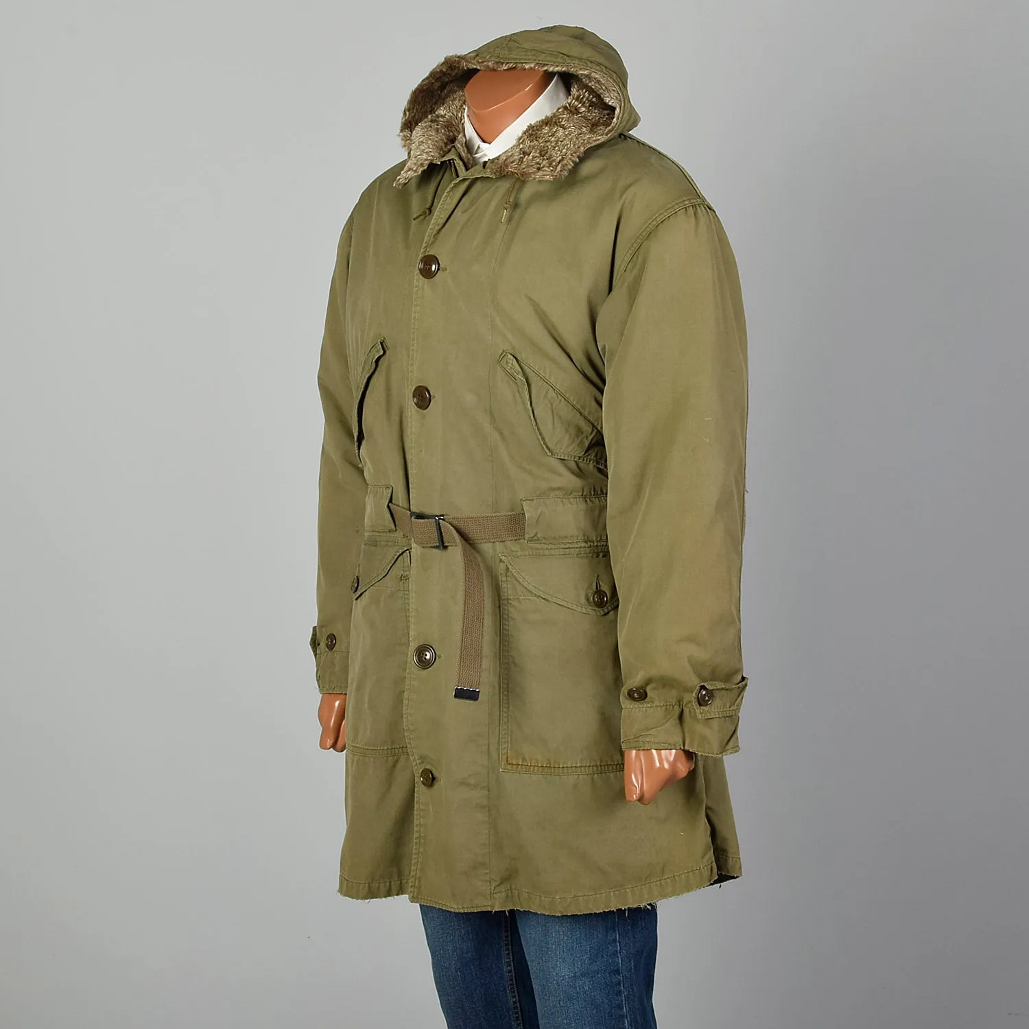 1940s WWII Large Green Army Hooded Parka Coat