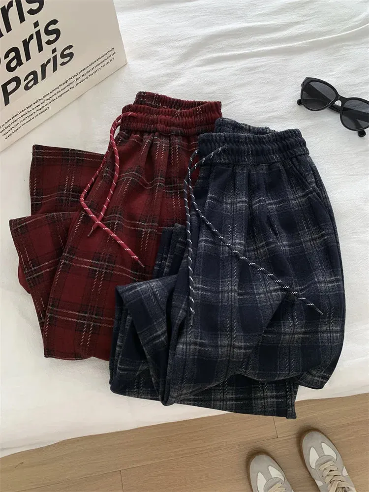 Amozae-Autumn Casual Outfits Amozae-Plaid Pants For Women Slimming High Waisted Straight Floor Length Wide Leg Woolen Pant
