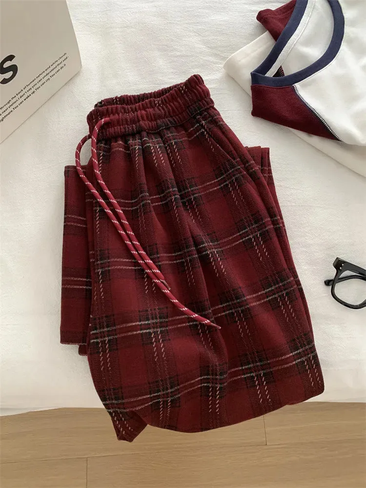 Amozae-Autumn Casual Outfits Amozae-Plaid Pants For Women Slimming High Waisted Straight Floor Length Wide Leg Woolen Pant