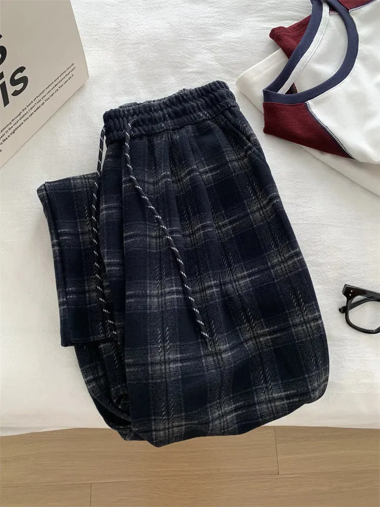 Amozae-Autumn Casual Outfits Amozae-Plaid Pants For Women Slimming High Waisted Straight Floor Length Wide Leg Woolen Pant