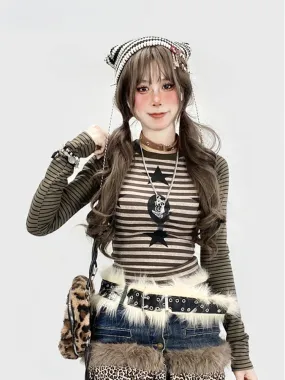 Army Green Striped Pattern Star Print Top