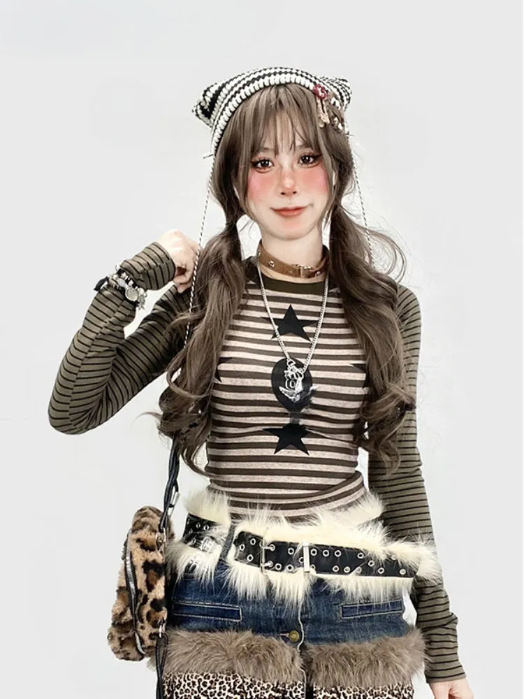 Army Green Striped Pattern Star Print Top