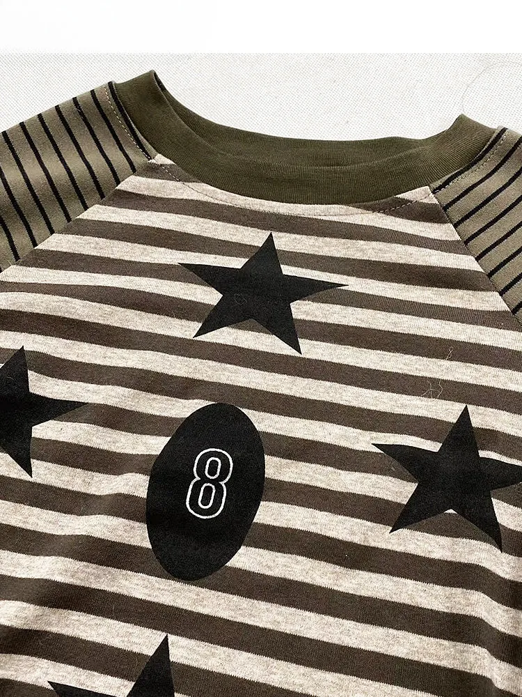 Army Green Striped Pattern Star Print Top