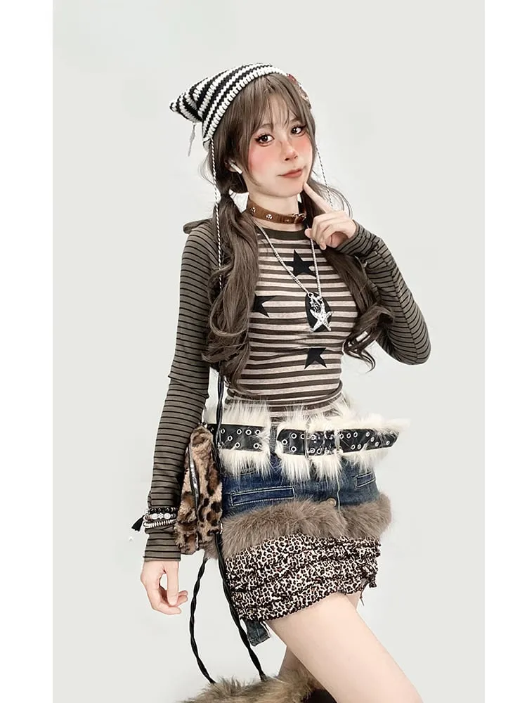 Army Green Striped Pattern Star Print Top