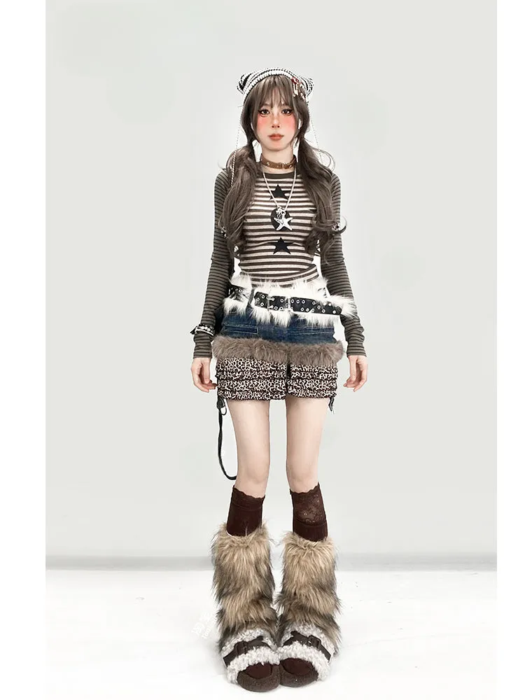 Army Green Striped Pattern Star Print Top