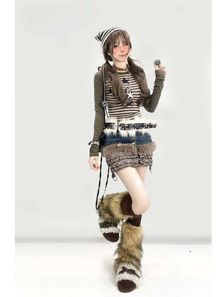 Army Green Striped Pattern Star Print Top
