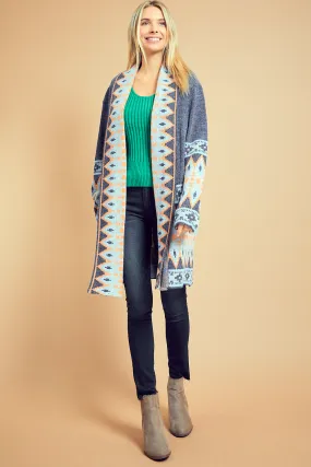 AZTEC PRINTED JACQUARD LONG CARDIGAN