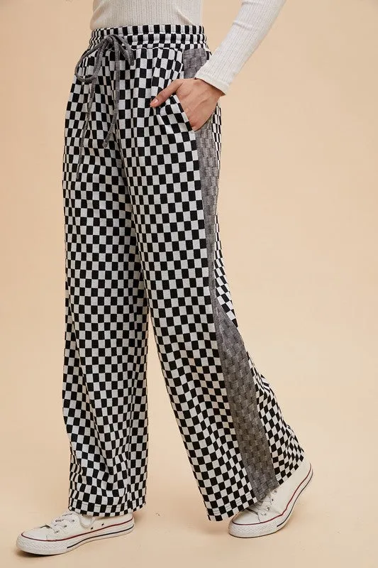 Black and White Checkered Wide-Leg Drawstring Pants