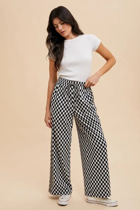 Black and White Checkered Wide-Leg Drawstring Pants