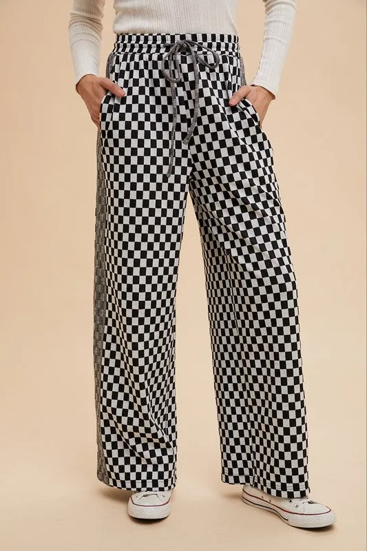 Black and White Checkered Wide-Leg Drawstring Pants