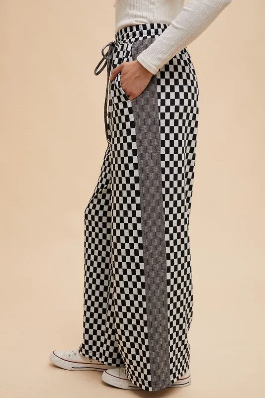 Black and White Checkered Wide-Leg Drawstring Pants