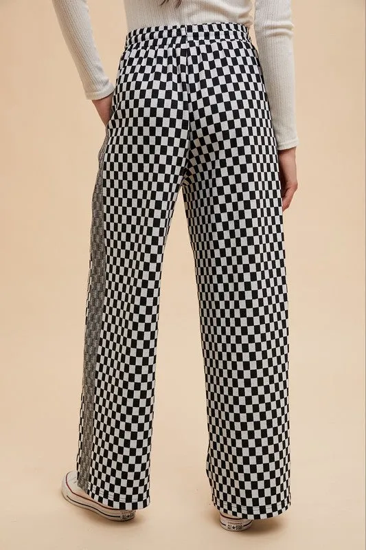 Black and White Checkered Wide-Leg Drawstring Pants