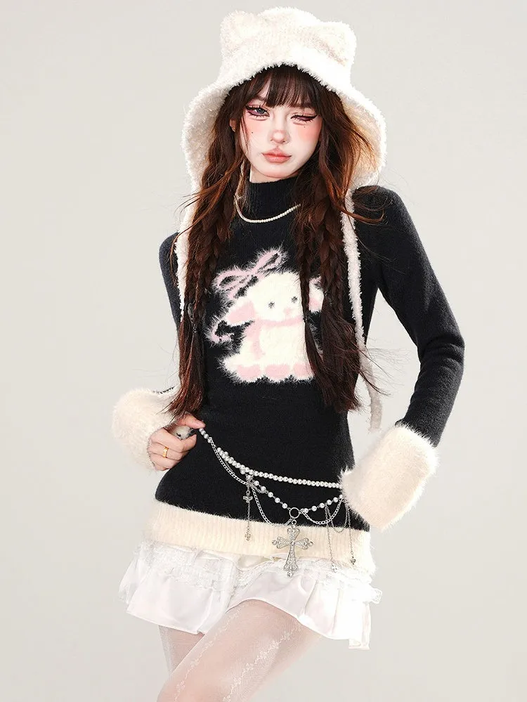 Black Cute Lamb Mock Neck Slim-fit Sweater