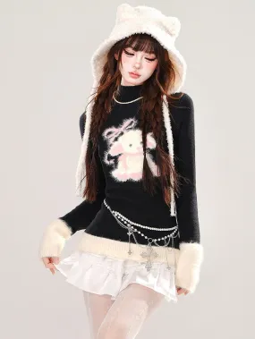 Black Cute Lamb Mock Neck Slim-fit Sweater
