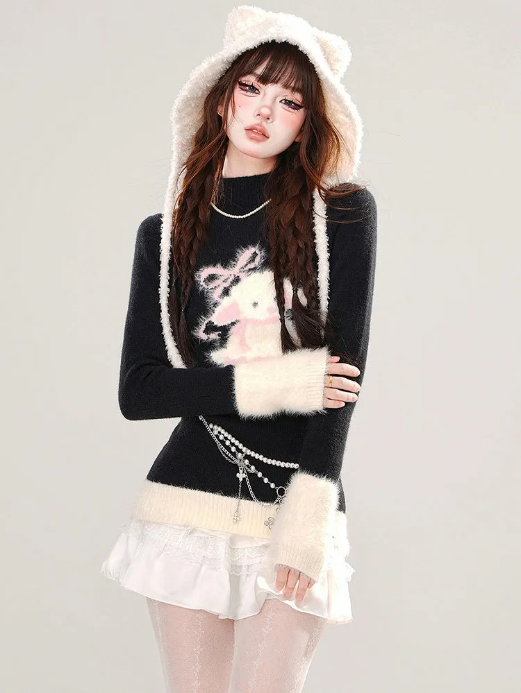 Black Cute Lamb Mock Neck Slim-fit Sweater