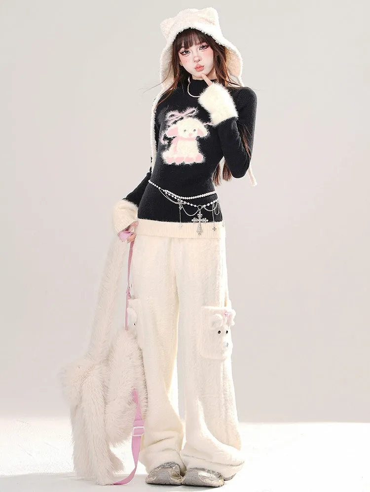 Black Cute Lamb Mock Neck Slim-fit Sweater