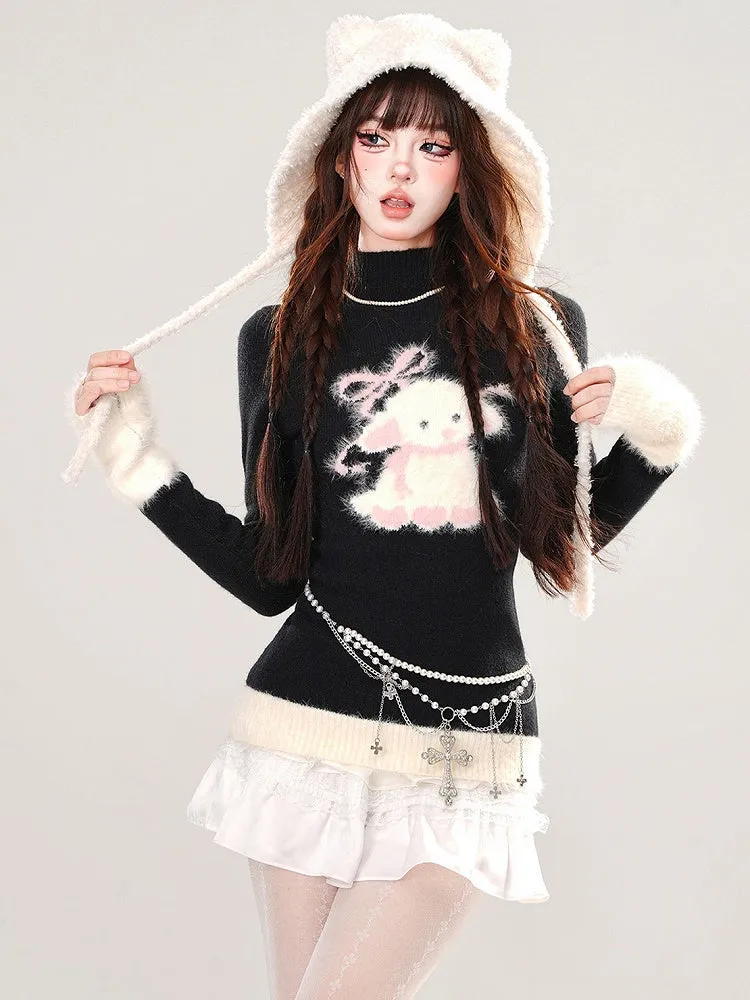 Black Cute Lamb Mock Neck Slim-fit Sweater