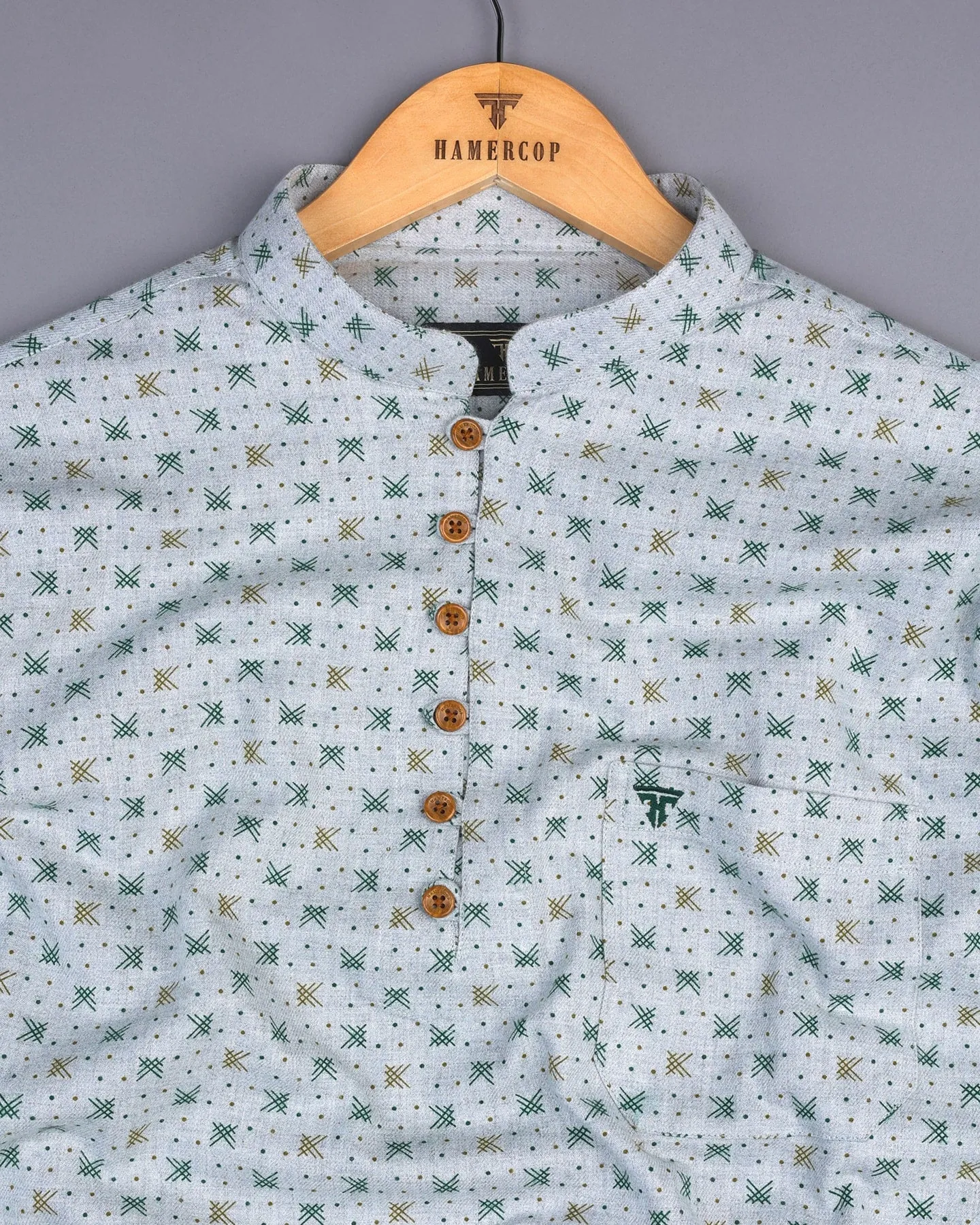 Bosco Green Dot Printed Gray Color Plaid Flannel Shirt Style Kurta