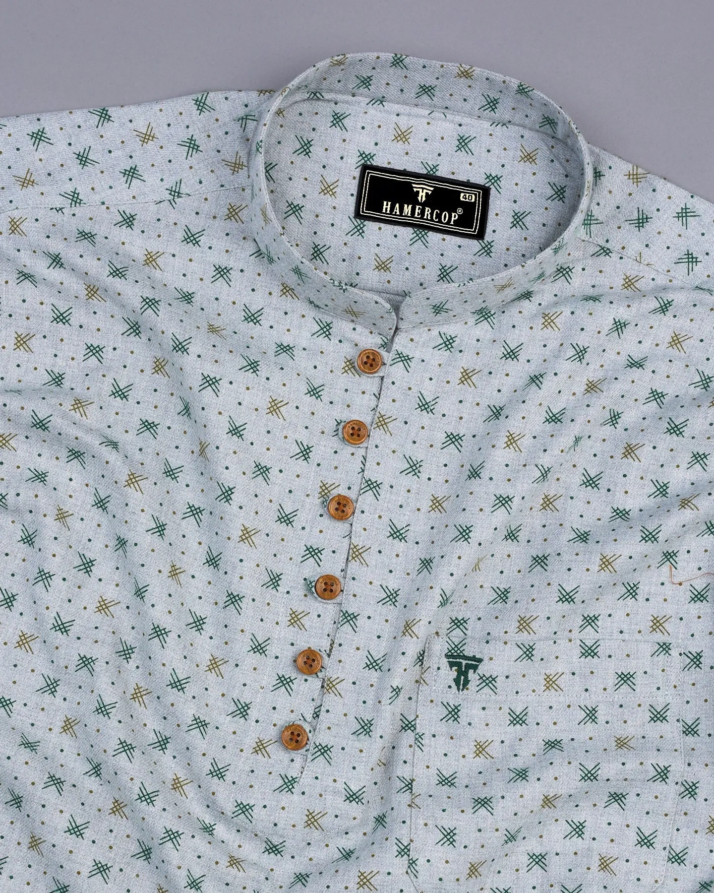 Bosco Green Dot Printed Gray Color Plaid Flannel Shirt Style Kurta
