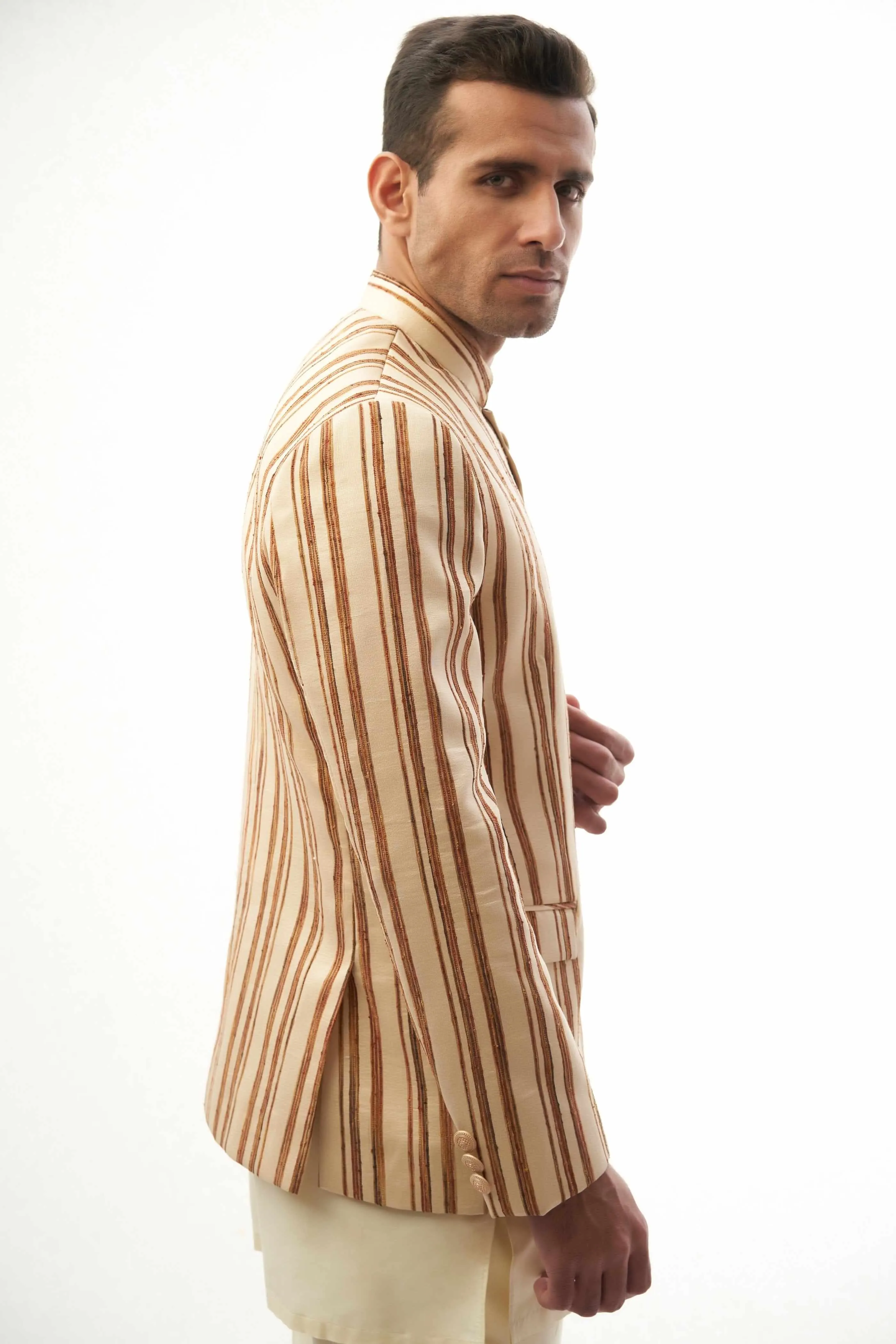 Brown & Beige Hand Embroidered Prince Jacket with Classic Kurta Pyjama