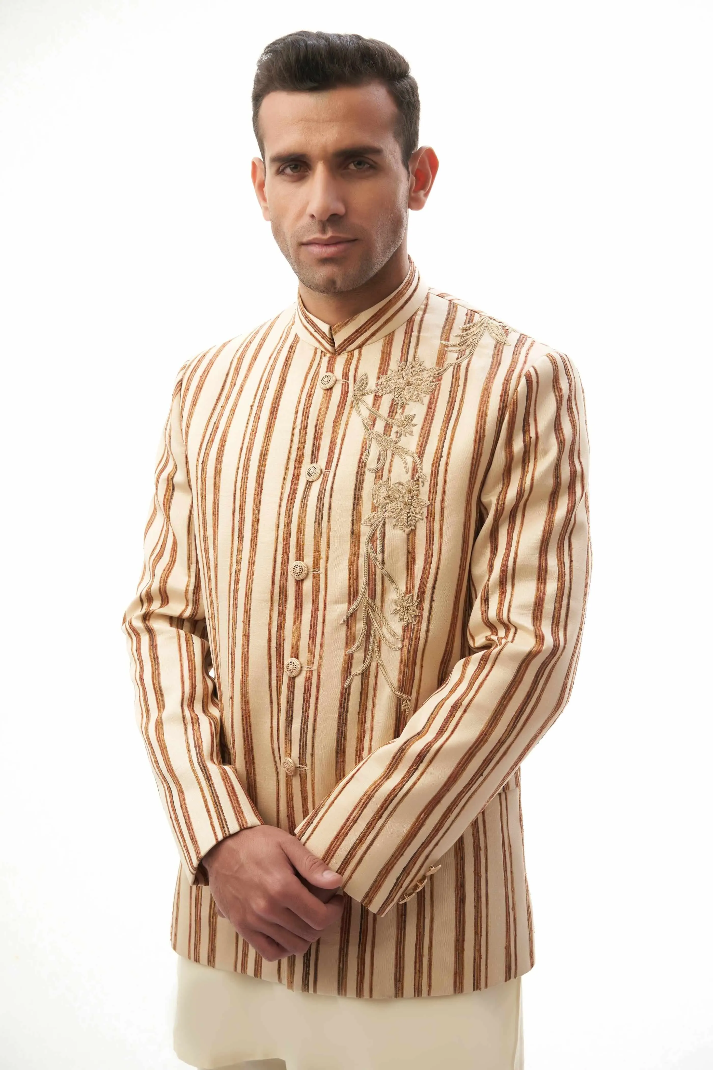 Brown & Beige Hand Embroidered Prince Jacket with Classic Kurta Pyjama