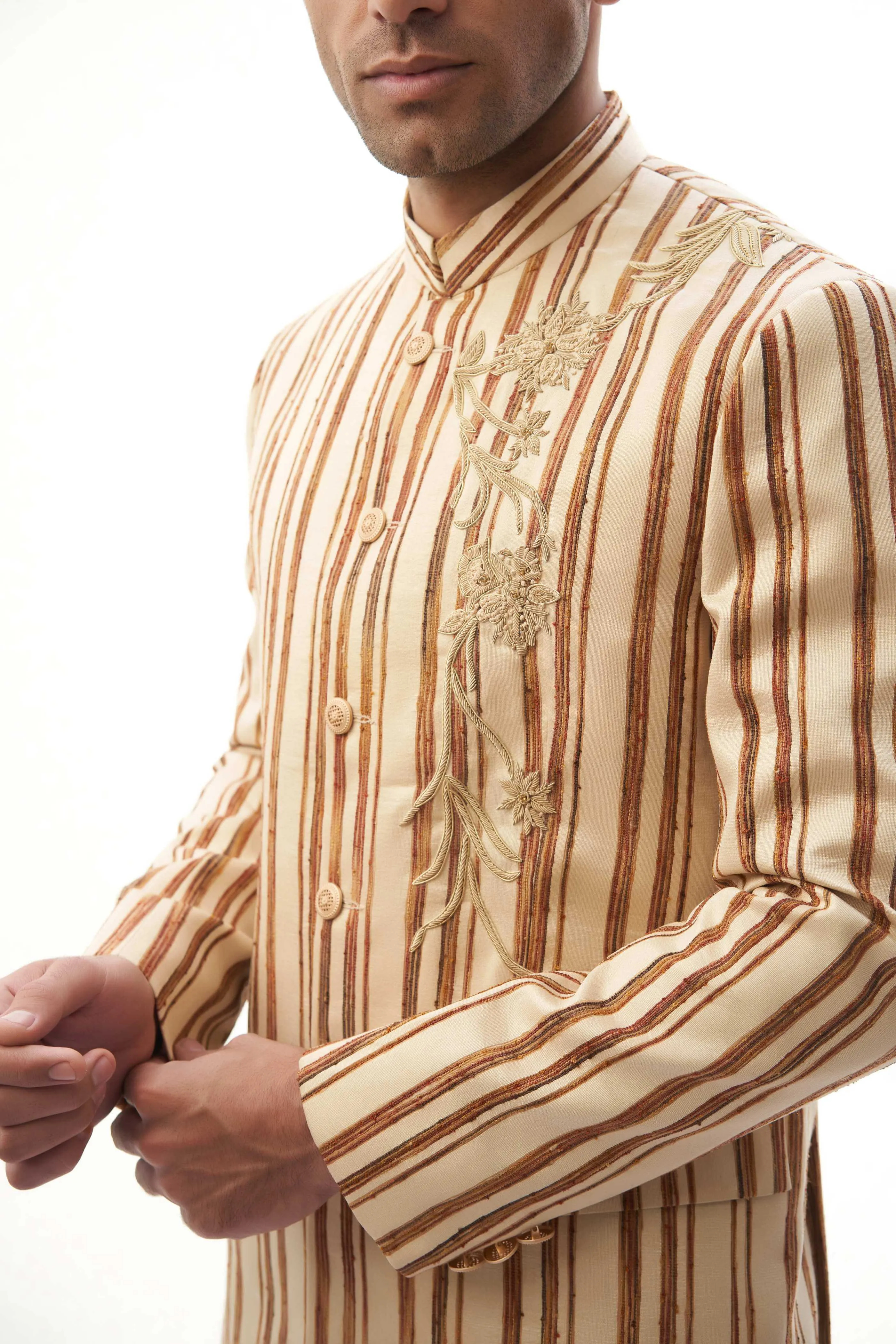 Brown & Beige Hand Embroidered Prince Jacket with Classic Kurta Pyjama