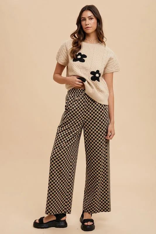 Brown and Black Checkered Wide-Leg Drawstring Pants