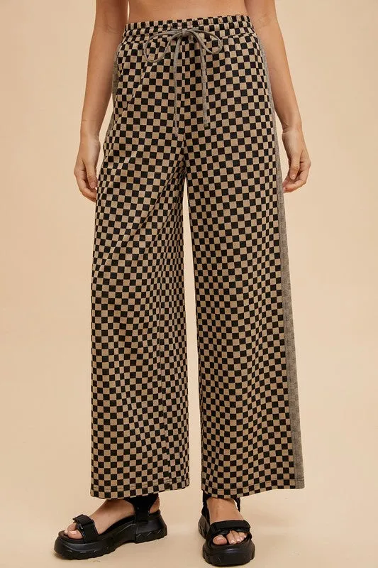 Brown and Black Checkered Wide-Leg Drawstring Pants