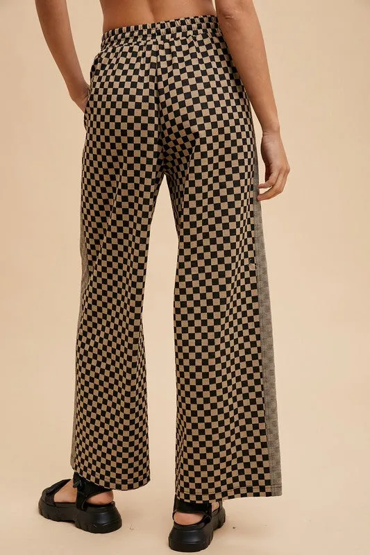 Brown and Black Checkered Wide-Leg Drawstring Pants