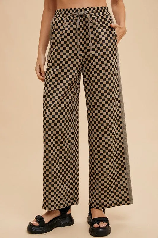 Brown and Black Checkered Wide-Leg Drawstring Pants
