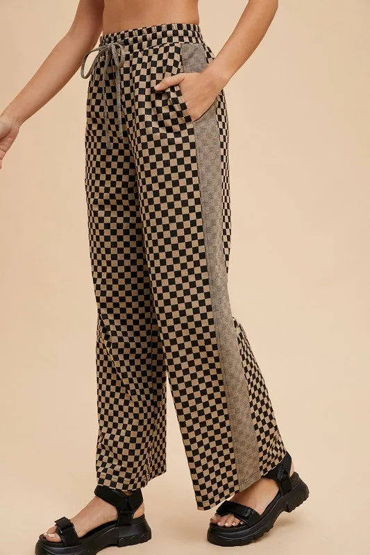 Brown and Black Checkered Wide-Leg Drawstring Pants