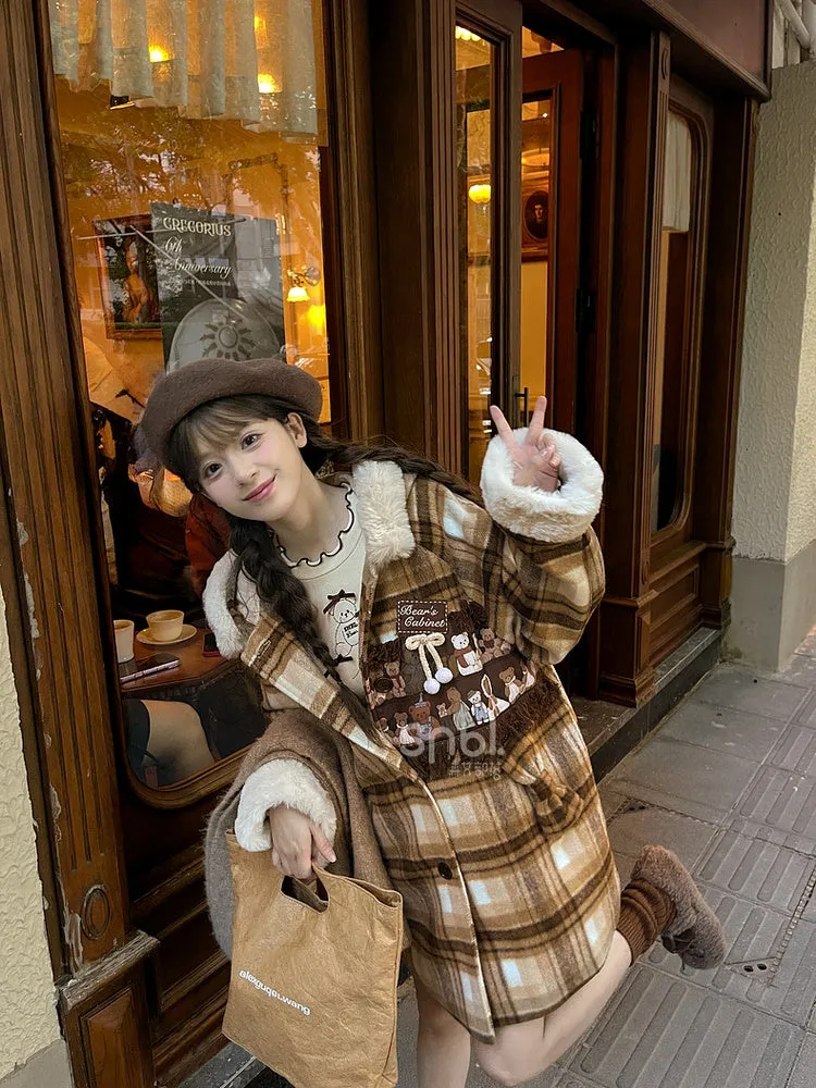 Brown Cute Little Bears Applique Plaid Hooded Woolen Coat Long Version