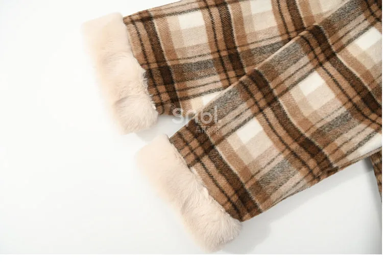 Brown Cute Little Bears Applique Plaid Hooded Woolen Coat Long Version