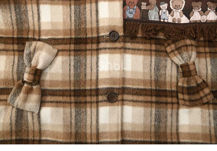 Brown Cute Little Bears Applique Plaid Hooded Woolen Coat Long Version