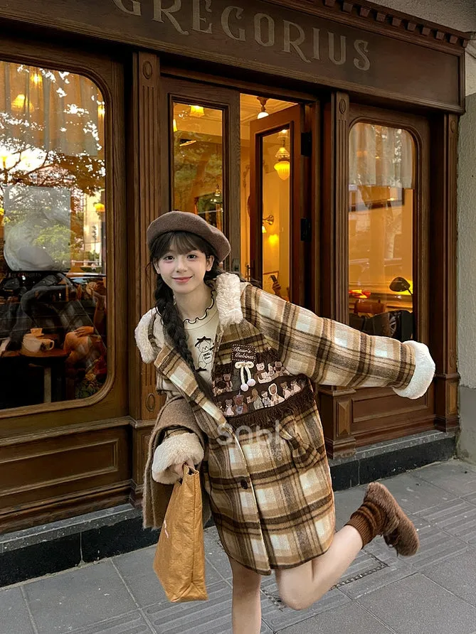Brown Cute Little Bears Applique Plaid Hooded Woolen Coat Long Version