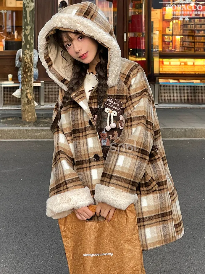 Brown Cute Little Bears Applique Plaid Hooded Woolen Coat Long Version