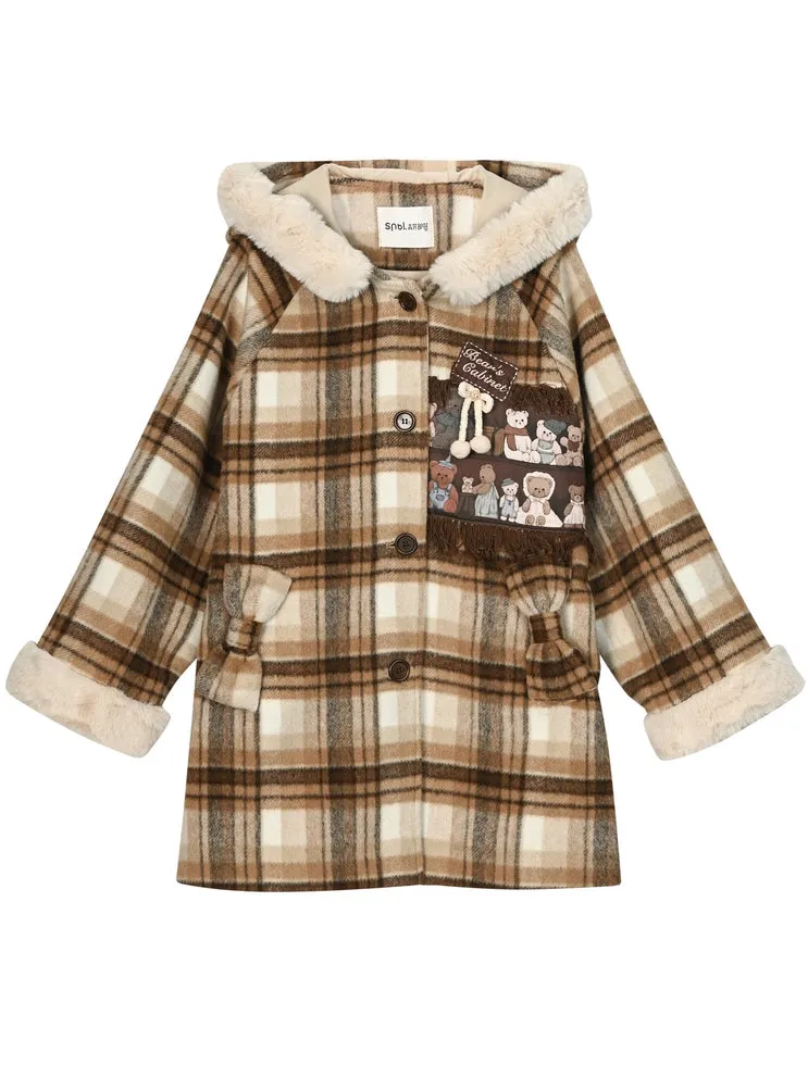 Brown Cute Little Bears Applique Plaid Hooded Woolen Coat Long Version