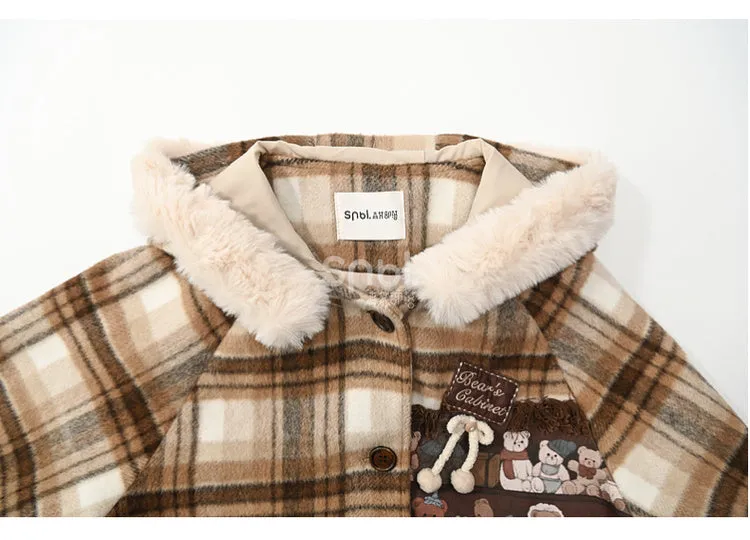 Brown Cute Little Bears Applique Plaid Hooded Woolen Coat Long Version