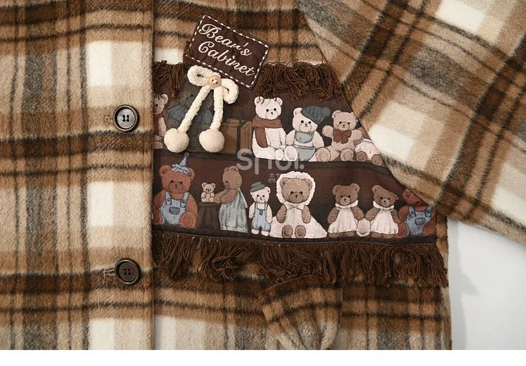 Brown Cute Little Bears Applique Plaid Hooded Woolen Coat Long Version