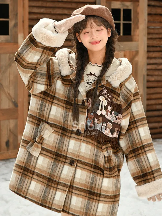 Brown Cute Little Bears Applique Plaid Hooded Woolen Coat Long Version