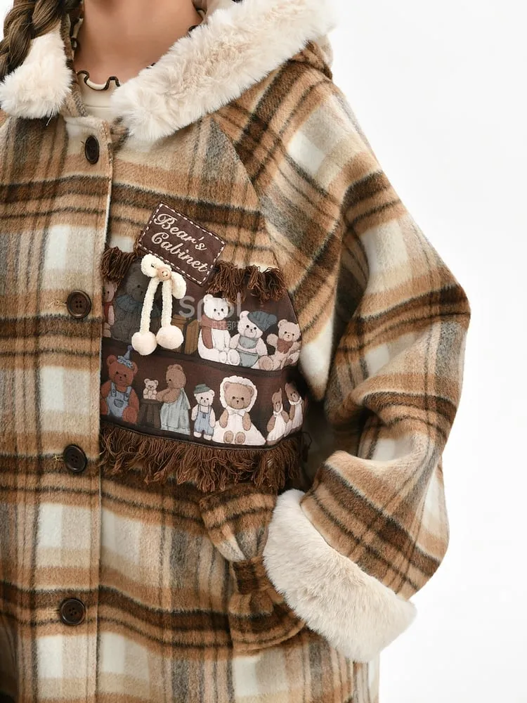 Brown Cute Little Bears Applique Plaid Hooded Woolen Coat Long Version
