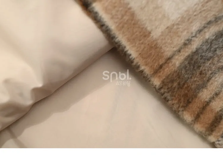 Brown Cute Little Bears Applique Plaid Hooded Woolen Coat Long Version