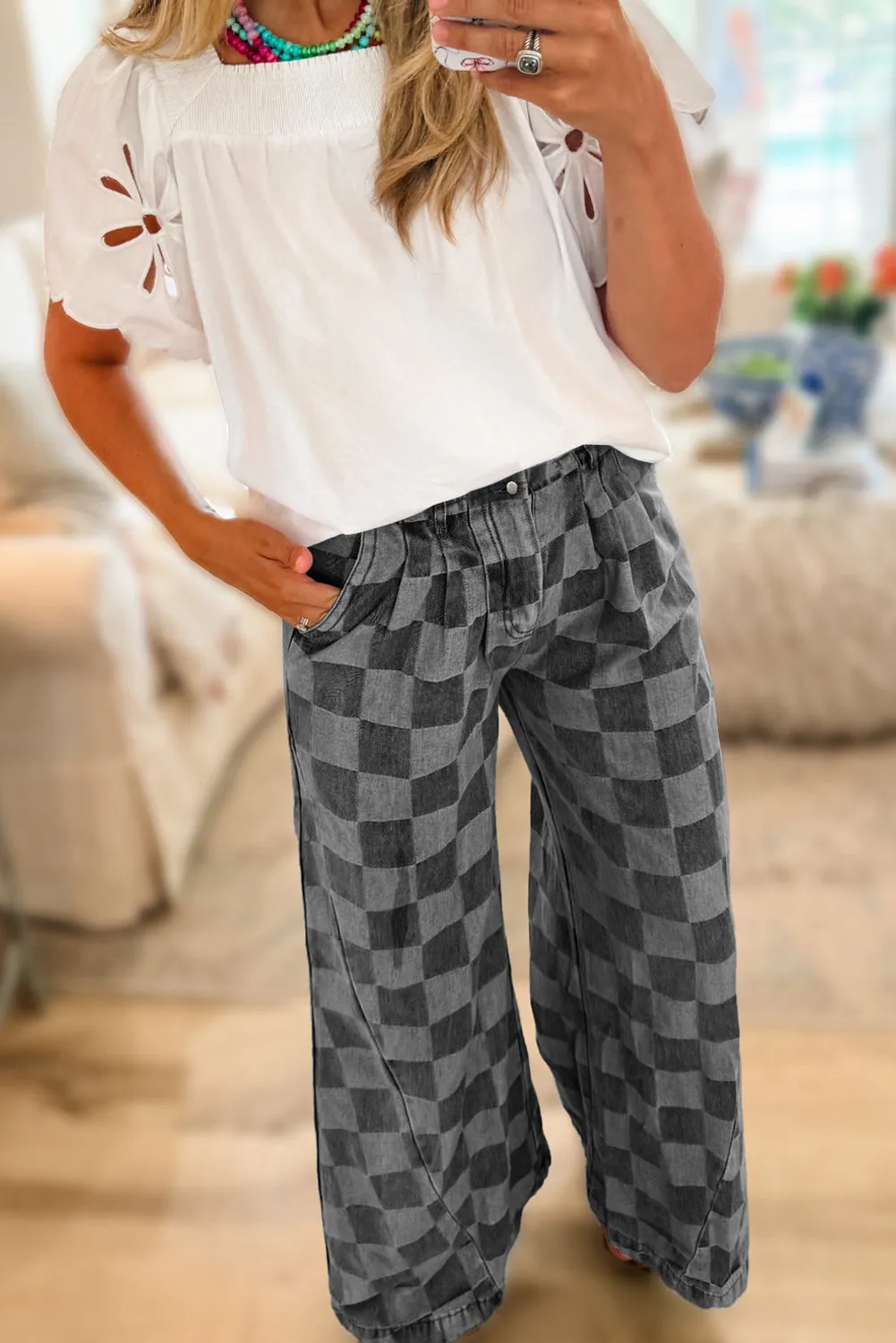 Checkered Wide Leg Jeans (online only)