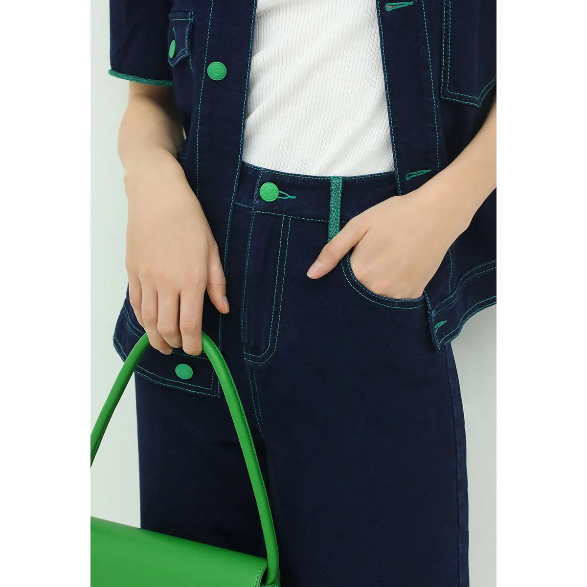 Contrast Stitch High-waist Navy Jeans