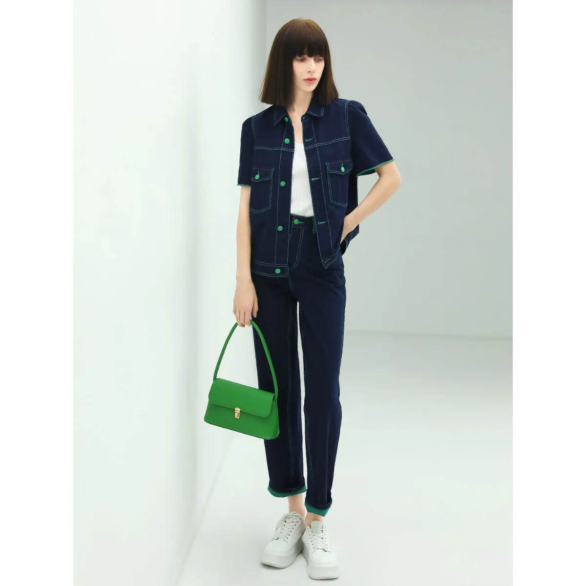 Contrast Stitch High-waist Navy Jeans