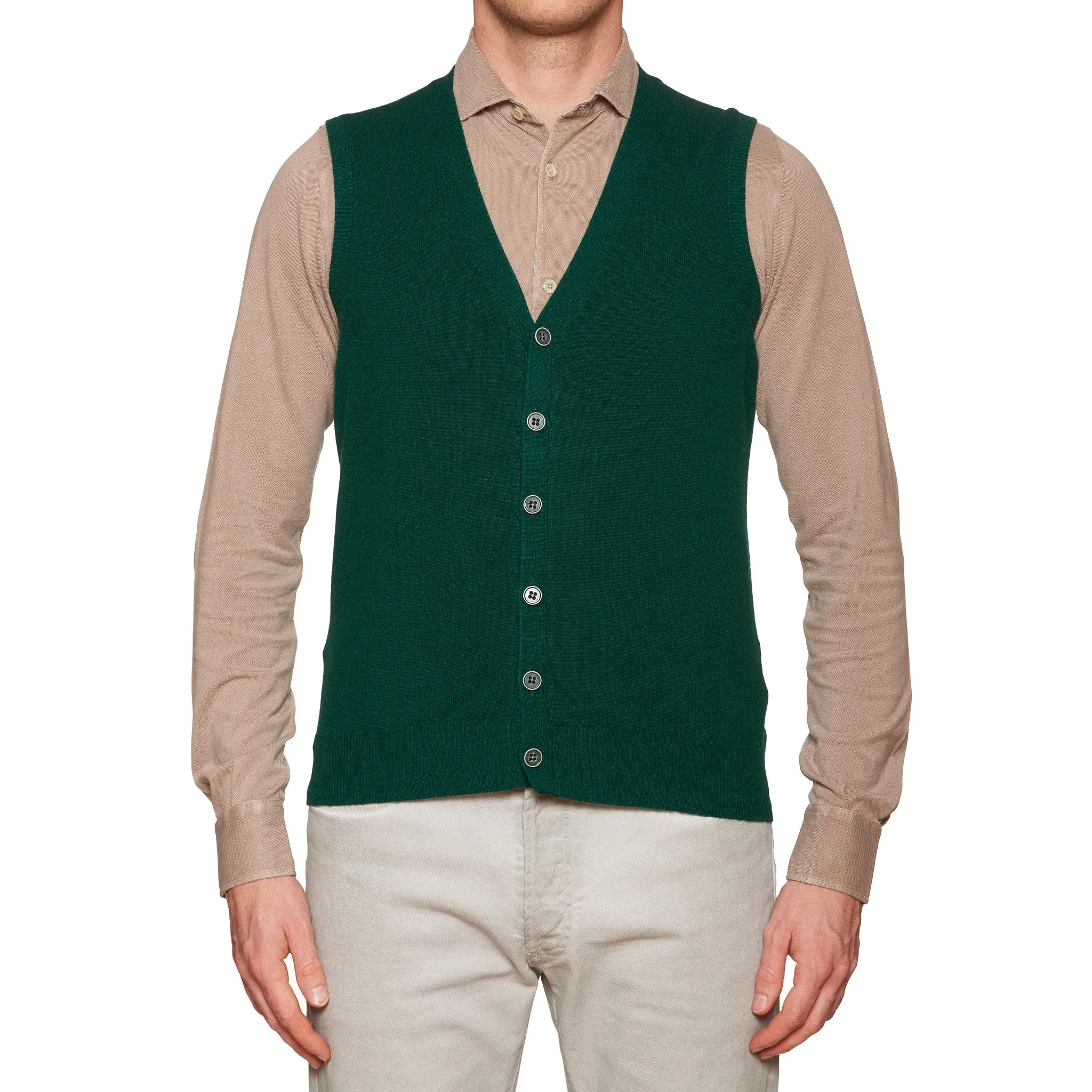 FEDELI Green Cashmere Sleeveless Cardigan Sweater NEW Slim Fit