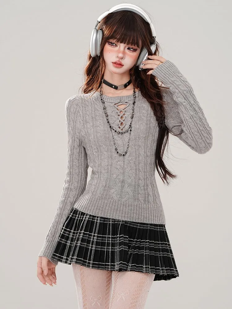 Grey Cutout Detail Round Neck Slim-fit Sweater