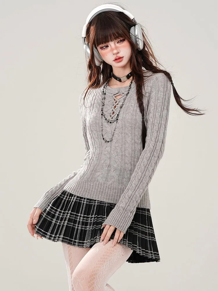Grey Cutout Detail Round Neck Slim-fit Sweater