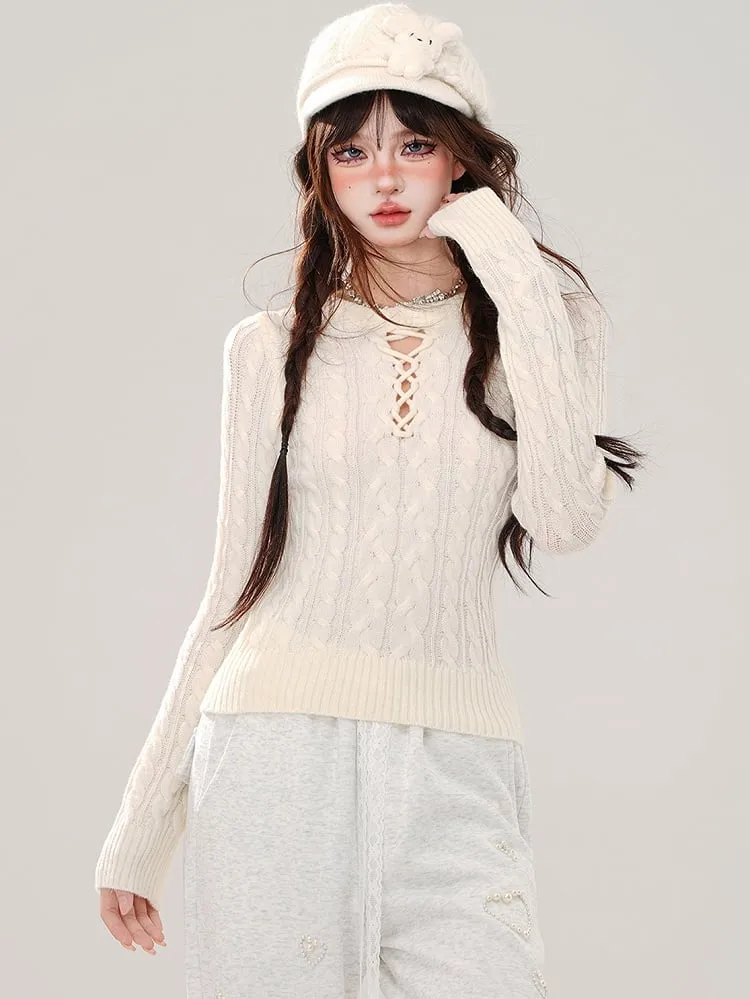Grey Cutout Detail Round Neck Slim-fit Sweater