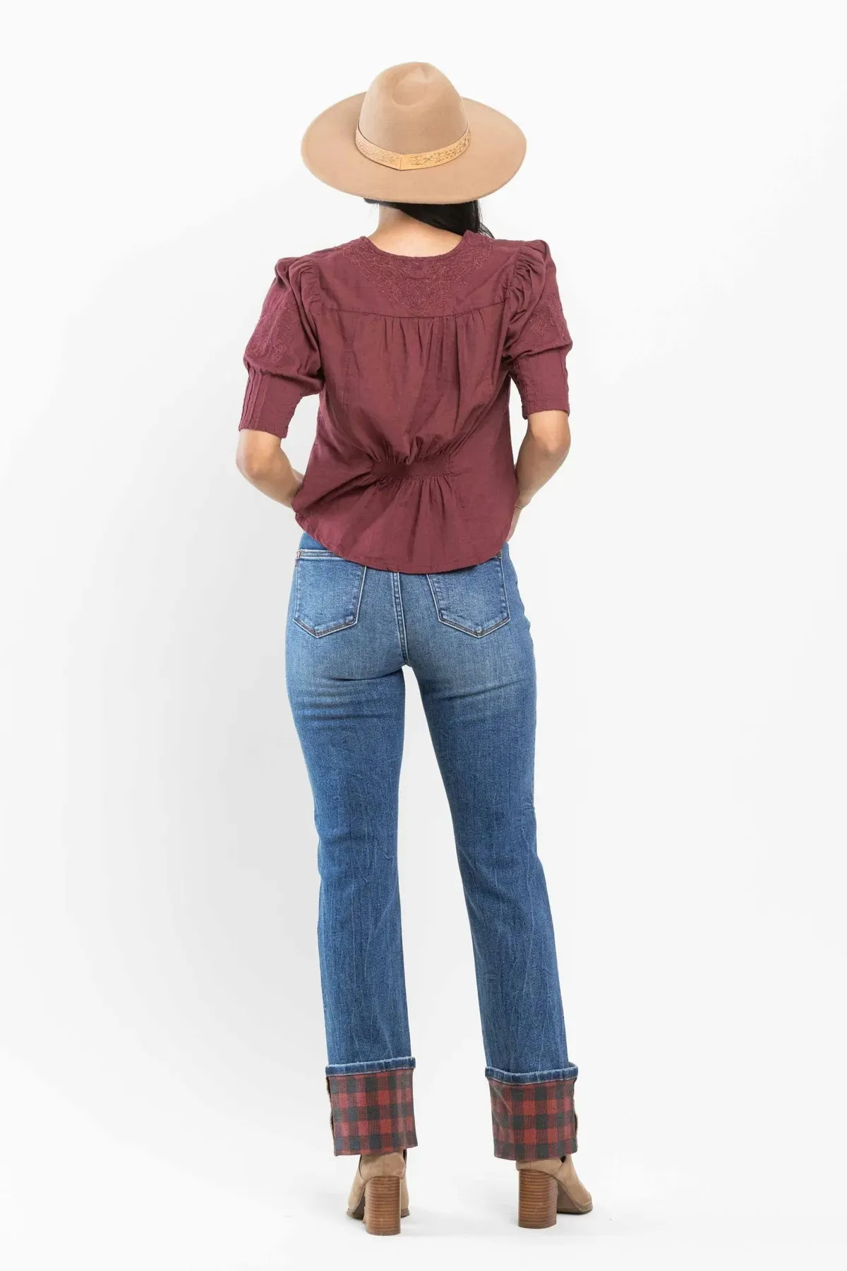 Judy Blue Buffalo Plaid Cuff Straight Leg